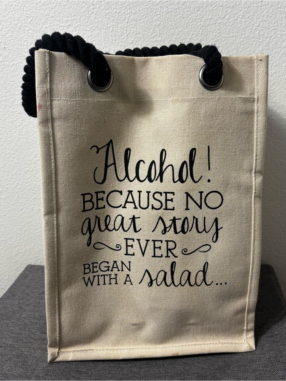 Canvas Wine Bag with 'Alcohol!' Quote - Black Rope Handles